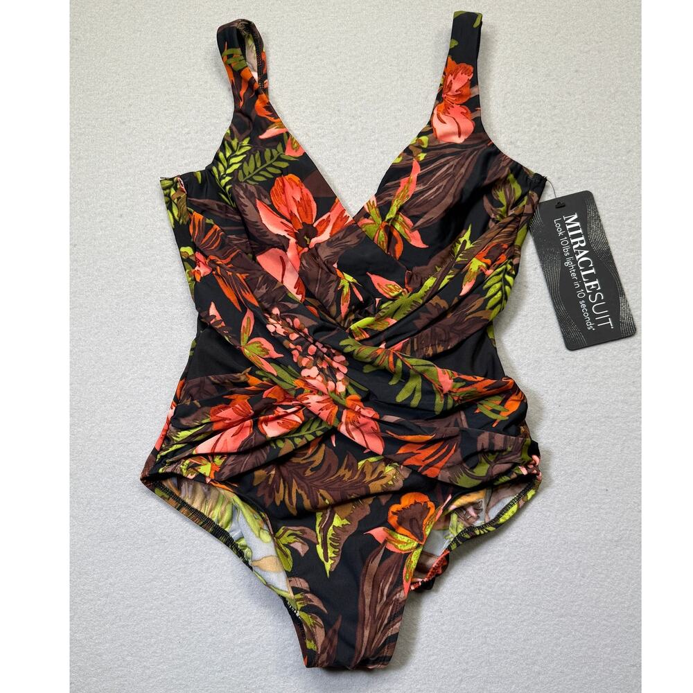 Miraclesuit Women's Botanico Crossover 1 Piece Swimsuit black/multi 10 $184